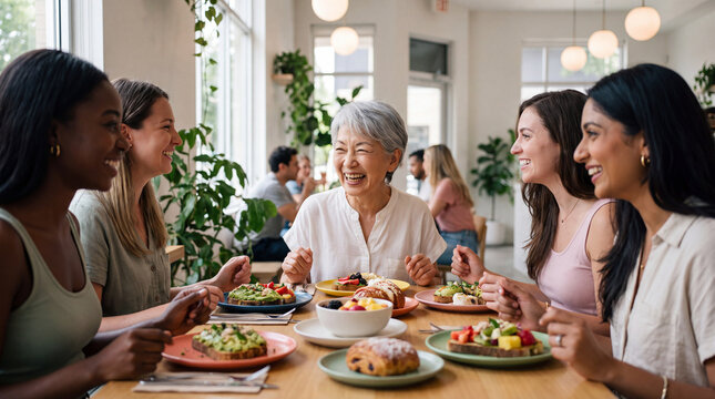 Intergenerational Gathering: A vibrant group of women from diverse backgrounds enjoys a shared meal, laughter, and conversation around a table laden with healthy food.