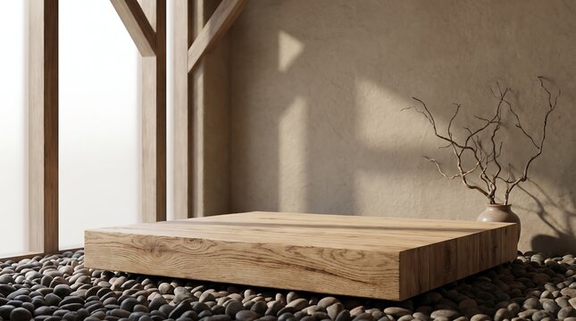 Minimalist wooden podium platform on dark river stone ground in zen style interior with soft morning sunlight through window and clay vase with dried branches.