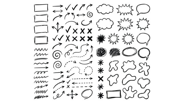 Set of handdrawn doodle elements including arrows speech bubbles and geometric shapes