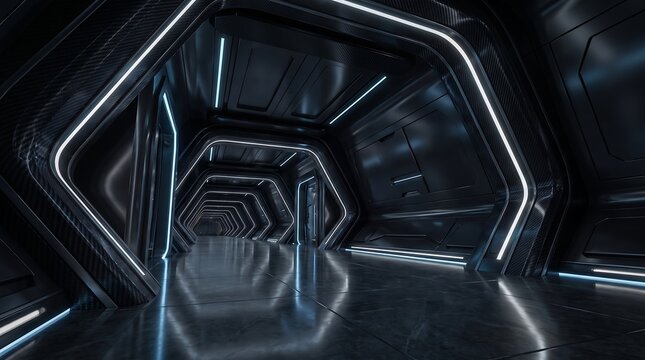 Dark futuristic corridor with hexagonal panels and neon blue lighting, sleek geometric design and reflective surfaces creating a sense of speed and advanced transportation.