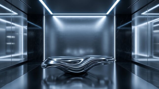 Futuristic dark room with a shiny metallic wavy sculpture on a reflective floor, illuminated by bright blue neon lights, creating a captivating abstract display.