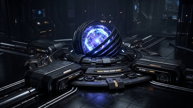 Advanced technological core with a glowing blue energy sphere encased in a complex black metallic structure, surrounded by intricate machinery in a dark environment.