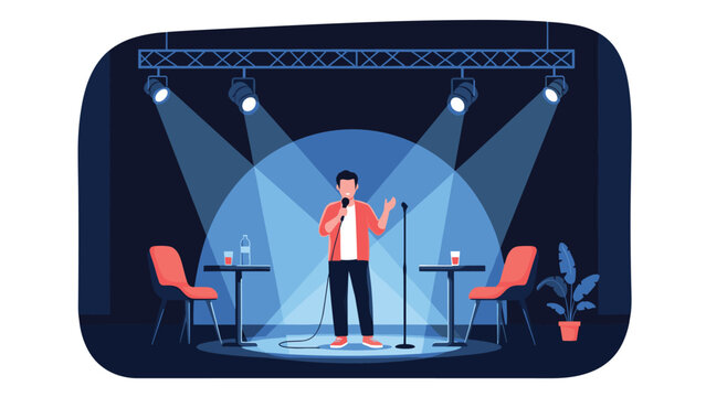 Talented stand up comedian performing on stage with a microphone under bright spotlights in a cozy theater club.