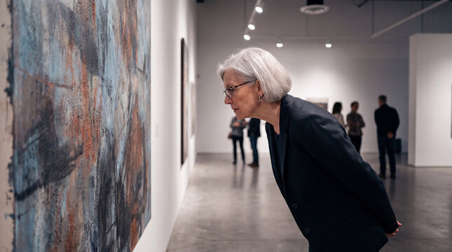 Introspective Gaze: An elegant mature woman intently studies a captivating abstract artwork in a hushed gallery setting, contemplating its textures and hues.