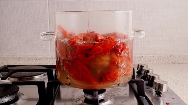 Cooking crayfish in boiling water on a stove at home