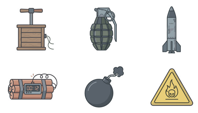 Bomb and weapon explosive color line icon set featuring dynamite detonator grenade missile flammability sign and countdown timer vectors