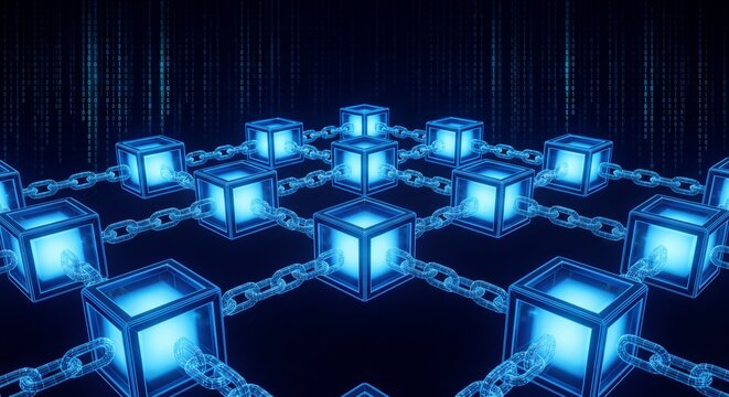 Glowing blue digital cubes connected by metallic chains represent modern decentralized blockchain network technology system architecture