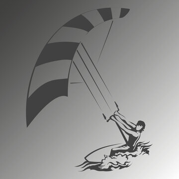 Kitesurfing silhouette illustration, kiteboarding athlete on water waves, minimalist extreme water sports graphic in grey tones