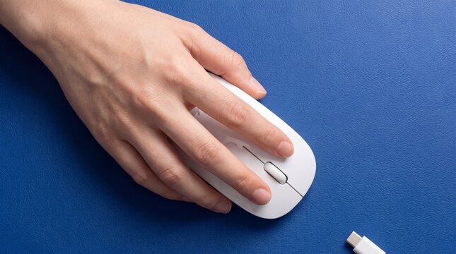 Hand operates sleek white computer mouse with precise finger movements on a vibrant blue surface