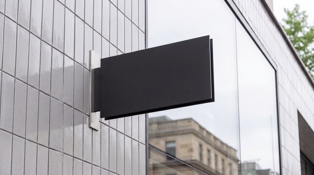 Modern black rectangular shop sign mounted on white tiled wall showing clean minimal branding space