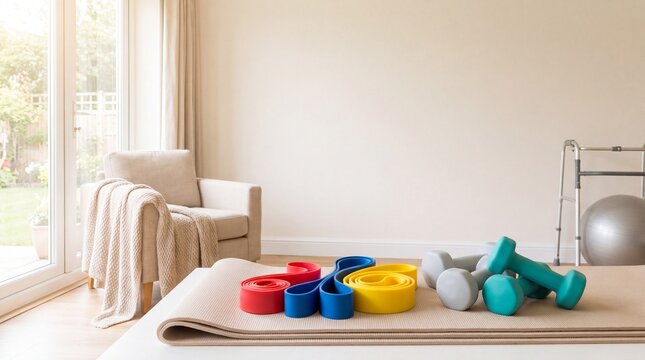 Colorful resistance bands and small dumbbells resting on a beige yoga mat for home exercise