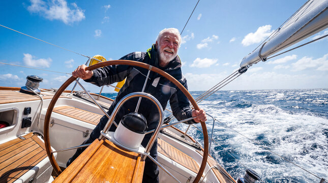 Experienced Sailor at the Helm: A weathered man with a joyful smile expertly steers a sailboat through choppy ocean waves under a bright blue sky, embodying the spirit of adventure and freedom.