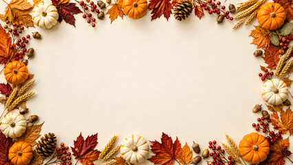 Fototapeta premium Autumn leaves and pumpkins frame border for thanksgiving and fall harvest season celebration