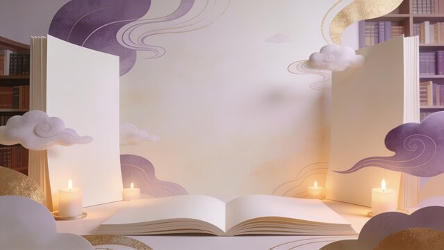 Open books with candles and cloud illustrations &mdash; cozy storytime and bedtime reading background