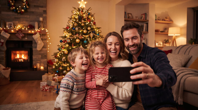 Plano medio de una familia sonriente con dos ni&ntilde;os tom&aacute;ndose una selfie con un tel&eacute;fono inteligente en una acogedora sala de estar decorada para Navidad con un &aacute;rbol y una chimenea iluminados.