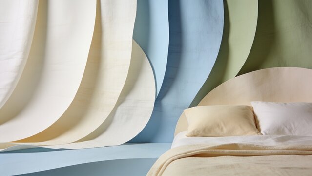 Pastel bed with flowing fabric backdrop &mdash; background for bedroom decor, bedding and product staging