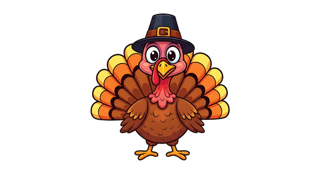 A charming illustration of a festive turkey wearing a pilgrim hat embodying the spirit of gratitude and the joy of