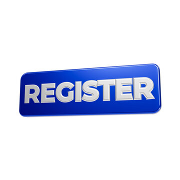 Glossy blue register button with white 3d typography, isolated on a solid black background, banner sign isolated on a transparent background