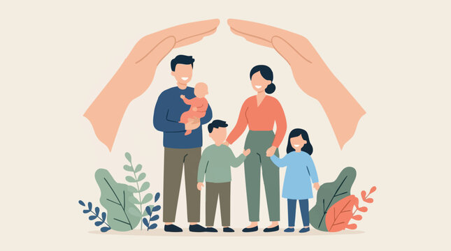 Family protection and security concept with hands sheltering a loving family