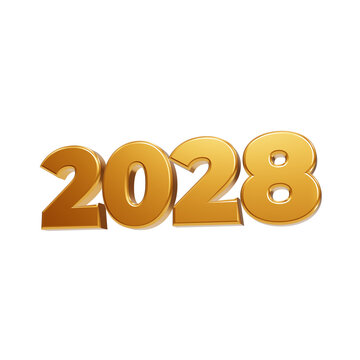 Glowing golden three dimensional numbers representing the year 2028 isolated against a solid backdrop isolated on a transparent background