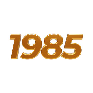 Golden shiny 3d numbers displaying the year nineteen eighty-five rendered on a solid black background isolated on a transparent background