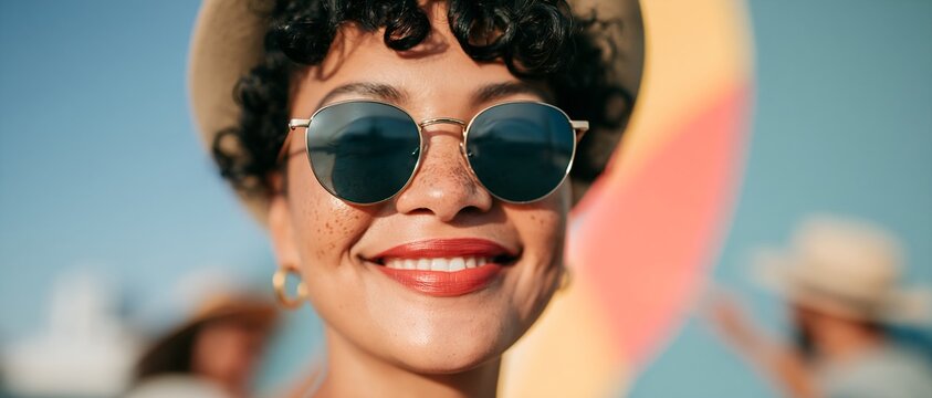 Woman with curly hair beams in sunglasses outdoors