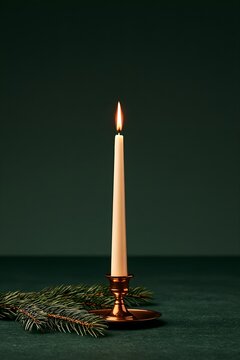 Simple candle and pine branch on dark background