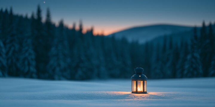 Solitary lantern glowing on frozen landscape under winter sky