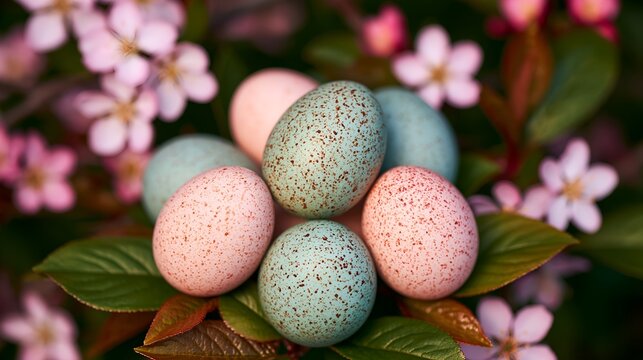 Pastel-colored eggs rest among cherry blossoms and greenery
