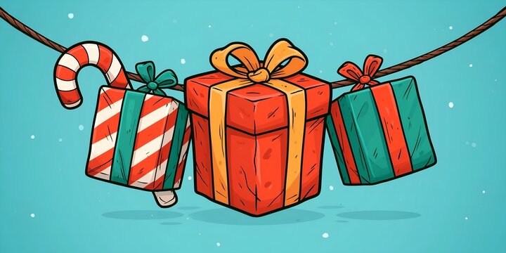 Holiday gifts and candy cane hang on a rope over snowy blue background
