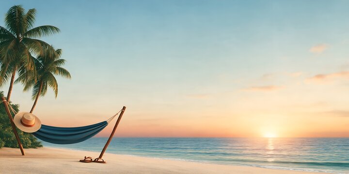 Hammock under palm trees at sunset beach