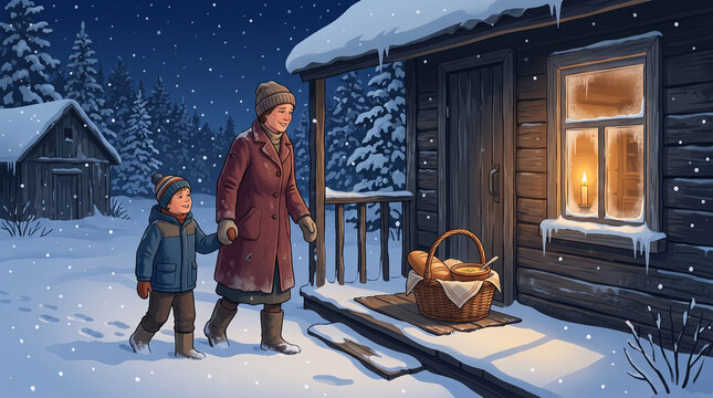 Caring mother and son leaving secret food donation basket on snowy rustic cabin porch stock illustration&mdash;featuring anonymous winter charity, walking away in falling snow, glowing candlelit cabin windo