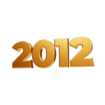 Shiny golden three dimensional numbers representing the year 2012 isolated against a dark background isolated on a transparent background