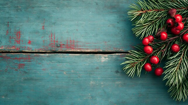 Teal wooden surface adorned with evergreen pine and bright red berries