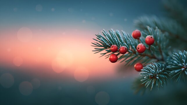 Frost-kissed pine branch with bright red berries