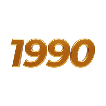 Shiny golden three dimensional numerals displaying the year nineteen ninety on a solid black backdrop isolated on a transparent background