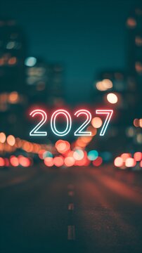 Blurred night road with glowing '2027' neon sign