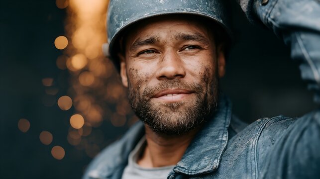 Happy builder with a helmet smiles against sparkling background