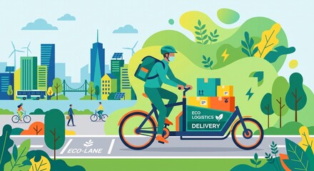 Naklejka premium Eco Friendly Cargo Bike Delivery Courier Riding on City Lane Vector Illustration