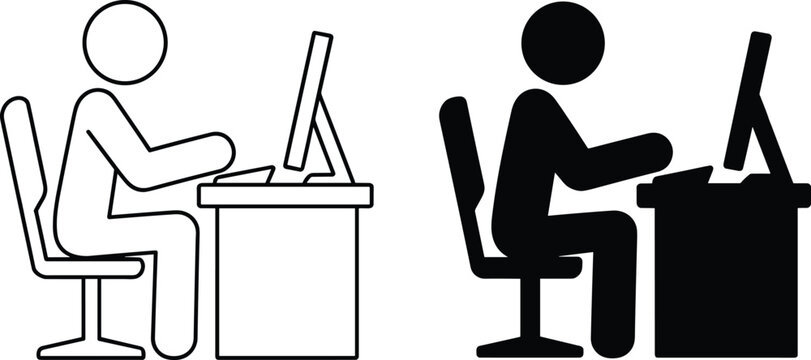 Outline and solid black silhouette icons of a person sitting at a desk working on a computer isolated on a white background, for office work