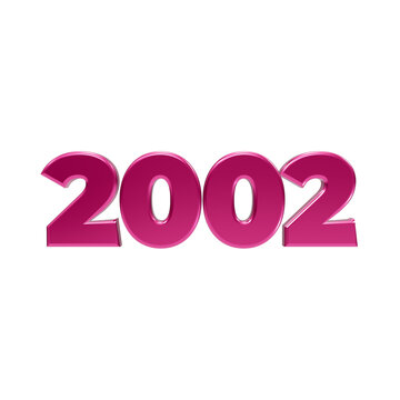 Vibrant magenta pink glossy 3d numbers forming 2002 isolated on solid black background, year isolated on a transparent background