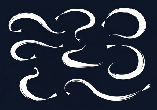 Set of handdrawn white brush stroke swirls and swooshes on dark background