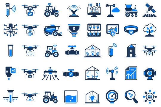 Collection of blue industrial icons representing manufacturing agriculture and technology