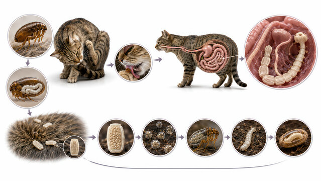 Feline Dipylidiasis Life Cycle, Dipylidium Caninum Tapeworm Infection Transmitted by Fleas in Cats