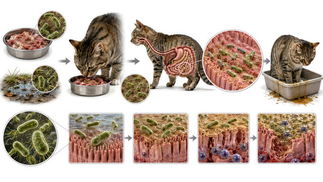 Feline Salmonellosis, Salmonella Infection from Raw Meat and Contaminated Water Causing Enteritis and Diarrhea in Cats