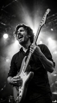 Guitarist performing under stage lights in black and white