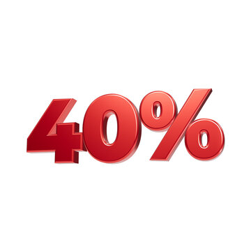 Vibrant red 40 percent discount text rendered in three dimensions, isolated on a solid black background isolated on a transparent background