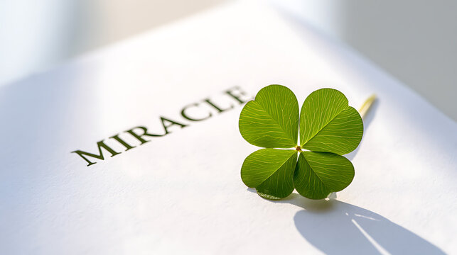 Fresh four leaf clover Trifolium repens on white surface with miracle text, symbolizing hope, luck, fortune, and positive energy concepts