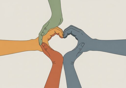 Illustration of diverse hands forming a heart shape together