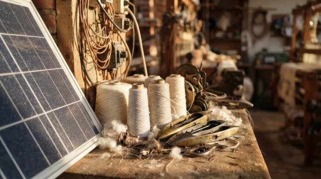 Thread cones, shuttle parts, solar panel, cotton lint, brushed metal machinery, and copper wiring on a workbench